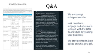 Q&A
13
We encourage
entrepreneurs to:
-ask questions
-engage in discussions
-consult with the GAD
Team while developing
your business.
We provide information
based on what you ask.
 