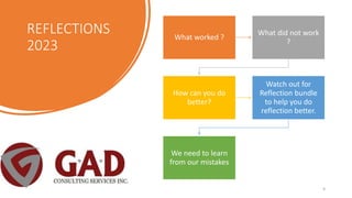 REFLECTIONS
2023
9
What worked ?
What did not work
?
How can you do
better?
Watch out for
Reflection bundle
to help you do
reflection better.
We need to learn
from our mistakes
 