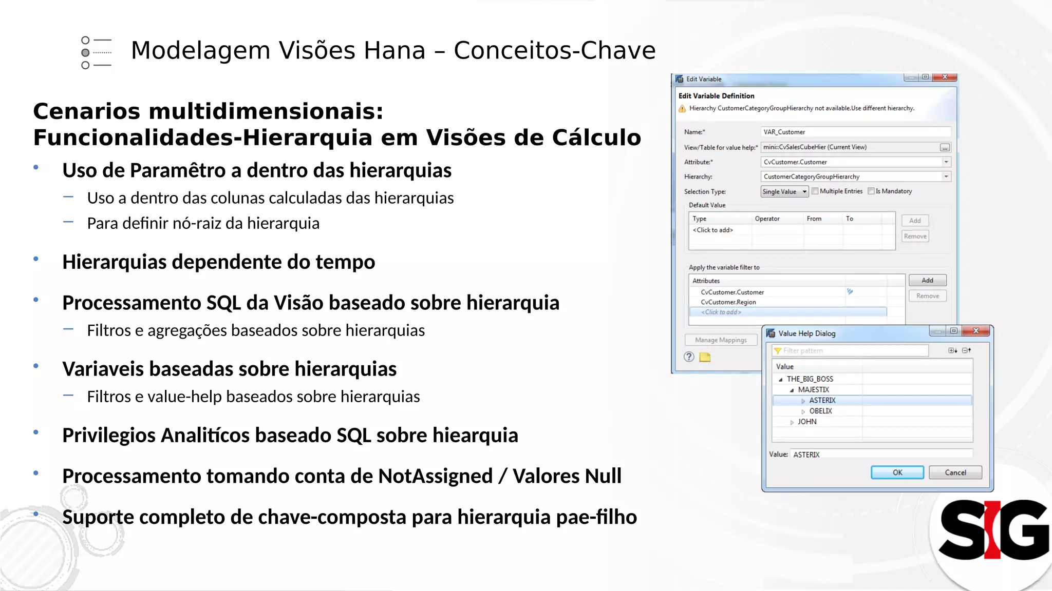 Modelagem Visões Hana – Conceitos-Chave
Cenarios multidimensionais:
Funcionalidades-Hierarquia em Visões de Cálculo
• Uso de Paramêtro a dentro das hierarquias
– Uso a dentro das colunas calculadas das hierarquias
– Para definir nó-raiz da hierarquia
• Hierarquias dependente do tempo
• Processamento SQL da Visão baseado sobre hierarquia
– Filtros e agregações baseados sobre hierarquias
• Variaveis baseadas sobre hierarquias
– Filtros e value-help baseados sobre hierarquias
• Privilegios Analitícos baseado SQL sobre hiearquia
• Processamento tomando conta de NotAssigned / Valores Null
• Suporte completo de chave-composta para hierarquia pae-filho
 