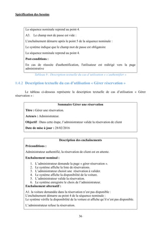Spécification des besoins
36
La séquence nominale reprend au point 4.
A3. Le champ mot de passe est vide :
L'enchaînement démarre après le point 5 de la séquence nominale :
Le système indique que le champ mot de passe est obligatoire
La séquence nominale reprend au point 4.
Post-conditions :
En cas de réussite d'authentification, l'utilisateur est redirigé vers la page
administrative
Tableau 8 : Description textuelle du cas d’utilisation « s’authentifier »
II.4.2 Description textuelle du cas d’utilisation « Gérer réservation »
Le tableau ci-dessous représente la description textuelle de cas d’utilisation « Gérer
réservation » :
Sommaire Gérer une réservation
Titre : Gérer une réservation.
Acteurs : Administrateur.
Objectif : Dans cette étape, l’administrateur valide la réservation de client
Date de mise à jour : 28/02/2016
Description des enchaînements
Préconditions :
Administrateur authentifié, la réservation de client est en attente.
Enchaînement nominal :
1. L’administrateur demande la page « gérer réservation ».
2. Le système affiche la liste de réservations.
3. L’administrateur choisit une réservation à valider.
4. Le système affiche la disponibilité de la voiture.
5. L’administrateur valide la réservation.
6. Le système enregistre le choix de l’administrateur.
Enchaînement alternatif :
A1. la voiture demandée dans la réservation n’est pas disponible :
L'enchaînement démarre au point 4 de la séquence nominale :
Le système vérifie la disponibilité de la voiture et affiche qu’il n’est pas disponible.
L’administrateur refuse la réservation.
 