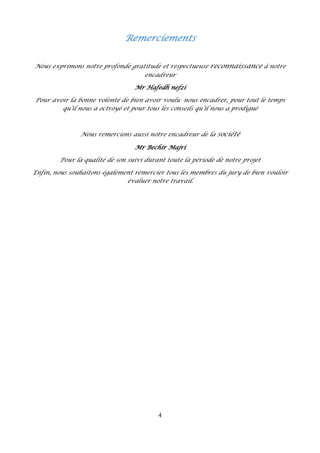 4
Remerciements
Nous exprimons notre profonde gratitude et respectueuse reconnaissance à notre
encadreur
Mr Hafedh nefzi
Pour avoir la bonne volonté de bien avoir voulu nous encadrer, pour tout le temps
qu’il nous a octroyé et pour tous les conseils qu’il nous a prodigué
Nous remercions aussi notre encadreur de la société
Mr Bechir Majri
Pour la qualité de son suivi durant toute la période de notre projet
Enfin, nous souhaitons également remercier tous les membres du jury de bien vouloir
évaluer notre travail.
 