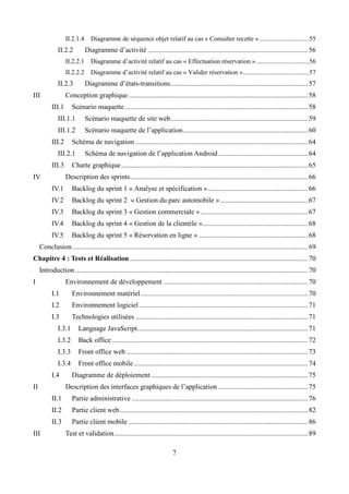 7
II.2.1.4 Diagramme de séquence objet relatif au cas « Consulter recette »...............................55
II.2.2 Diagramme d’activité ...........................................................................................56
II.2.2.1 Diagramme d’activité relatif au cas « Effectuation réservation ».................................56
II.2.2.2 Diagramme d’activité relatif au cas « Valider réservation ».........................................57
II.2.3 Diagramme d’états-transitions..............................................................................57
III Conception graphique......................................................................................................58
III.1 Scénario maquette........................................................................................................58
III.1.1 Scénario maquette de site web..............................................................................59
III.1.2 Scénario maquette de l’application.......................................................................60
III.2 Schéma de navigation ..................................................................................................64
III.2.1 Schéma de navigation de l’application Android...................................................64
III.3 Charte graphique..........................................................................................................65
IV Description des sprints.....................................................................................................66
IV.1 Backlog du sprint 1 « Analyse et spécification ».........................................................66
IV.2 Backlog du sprint 2 « Gestion du parc automobile »..................................................67
IV.3 Backlog du sprint 3 « Gestion commerciale ».............................................................67
IV.4 Backlog du sprint 4 « Gestion de la clientèle »............................................................68
IV.5 Backlog du sprint 5 « Réservation en ligne » ..............................................................68
Conclusion......................................................................................................................................69
Chapitre 4 : Tests et Réalisation .....................................................................................................70
Introduction ....................................................................................................................................70
I Environnement de développement ..................................................................................70
I.1 Environnement matériel...............................................................................................70
I.2 Environnement logiciel................................................................................................71
I.3 Technologies utilisées ..................................................................................................71
I.3.1 Language JavaScript.................................................................................................71
I.3.2 Back office ...............................................................................................................72
I.3.3 Front office web .......................................................................................................73
I.3.4 Front office mobile...................................................................................................74
I.4 Diagramme de déploiement .........................................................................................75
II Description des interfaces graphiques de l’application ...................................................75
II.1 Partie administrative ....................................................................................................76
II.2 Partie client web...........................................................................................................82
II.3 Partie client mobile ......................................................................................................86
III Test et validation..............................................................................................................89
 