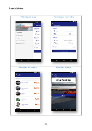 Tests et réalisation
87
l’interface de menu l’interface de réservation
l’interface des voitures l’interface de login
 