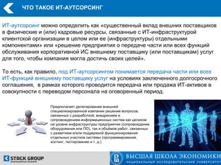 ЧТО ТАКОЕ ИТ-АУТСОРСИНГ


ИТ-аутсорсинг можно определить как «существенный вклад внешних поставщиков
в физические и (или) кадровые ресурсы, связанные с ИТ-инфраструктурой
клиентской организации в целом или ее (инфраструктуры) отдельными
компонентами» или «решение предприятия о передаче части или всех функций
обслуживания корпоративной ИС внешнему поставщику (или поставщикам) услуг
для того, чтобы компания могла достичь своих целей».

То есть, как правило, под ИТ-аутсорсингом понимается передача части или всех
ИТ-функций внешнему поставщику услуг на условиях заключенного долгосрочного
соглашения, в рамках которого проводится передача или продажа ИТ-активов в
совокупности с переводом персонала на оговоренный период.

                 Предполагает делегирование внешней
                 специализированной компании решение вопросов,
                 связанных с разработкой, внедрением и
                 сопровождением информационных систем как целиком
                 на уровне инфраструктуры предприятия (сопровождение
                 оборудования или ПО), так и объёмов работ, связанных
                 с развитием и/или поддержкой функционирования
                 отдельных участков системы (программирование,
                 хостинг, тестирование и т. д.)
 