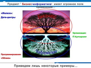 Предмет « Бизнес - информатика » имеет огромное поле
                          применений …

«Железо»:
Дата-центры




                                                 Организация:
                                                 IT-Аутсорсинг




Программирование:
«Облака»



            Приведем лишь некоторые примеры …
 