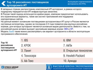 Top 10 российских поставщиков                              Ассоциация стратегического
                                                                аутсорсинга (АСТРА)
     аутсорсинга ИТ
В западных странах распространен комплексный ИТ-аутсорсинг, в рамках которого
подрядчику передается вся ИТ-инфраструктура заказчика.
В России такой подход используется крайне редко, компании предпочитают использовать
его ограниченные варианты, такие как хостинг приложений или поддержка
корпоративных сайтов.
На данный момент основными поставщиками аутсорсинговых ИТ-услуг в России являются
системные интеграторы, однако за последние 2-3 года появился ряд крупных российских
игроков, для которых аутсорсинг является основным видом деятельности. Вместе с тем, на
российский рынок активно выходят крупнейшие мировые игроки: IBM и HP.
Модель SaaS также можно рассматривать как вариант аутсорсинга в области эксплуатации
программного обеспечения.



Top 10
российских
поставщиков
аутсорсинга ИТ
 