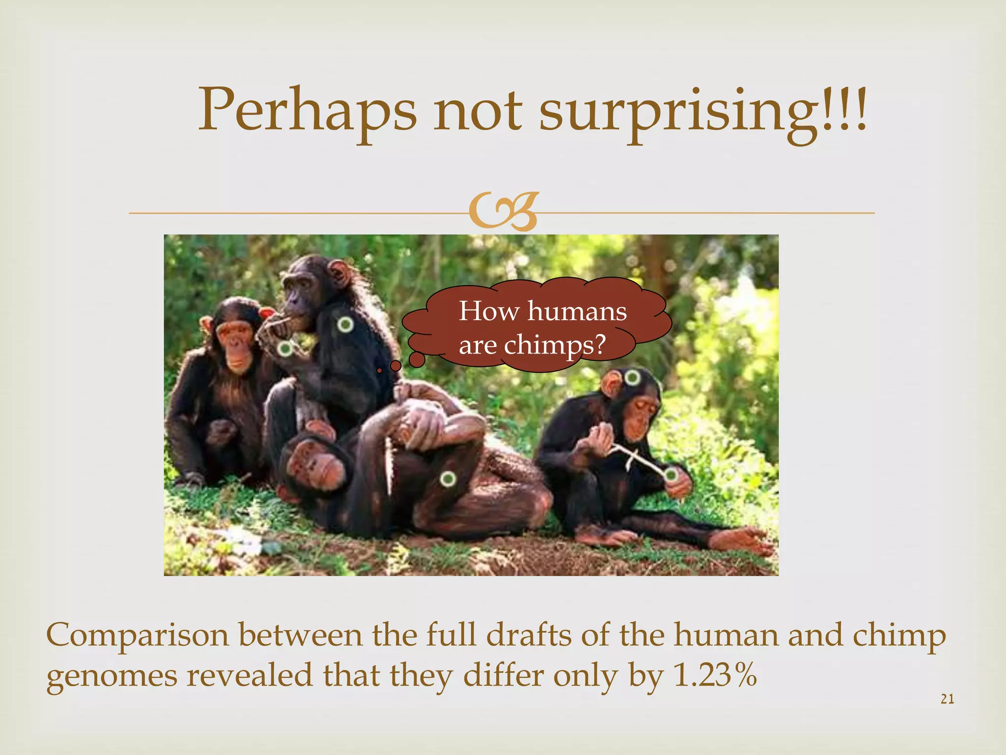 
21
Comparison between the full drafts of the human and chimp
genomes revealed that they differ only by 1.23%
How humans
are chimps?
Perhaps not surprising!!!
 