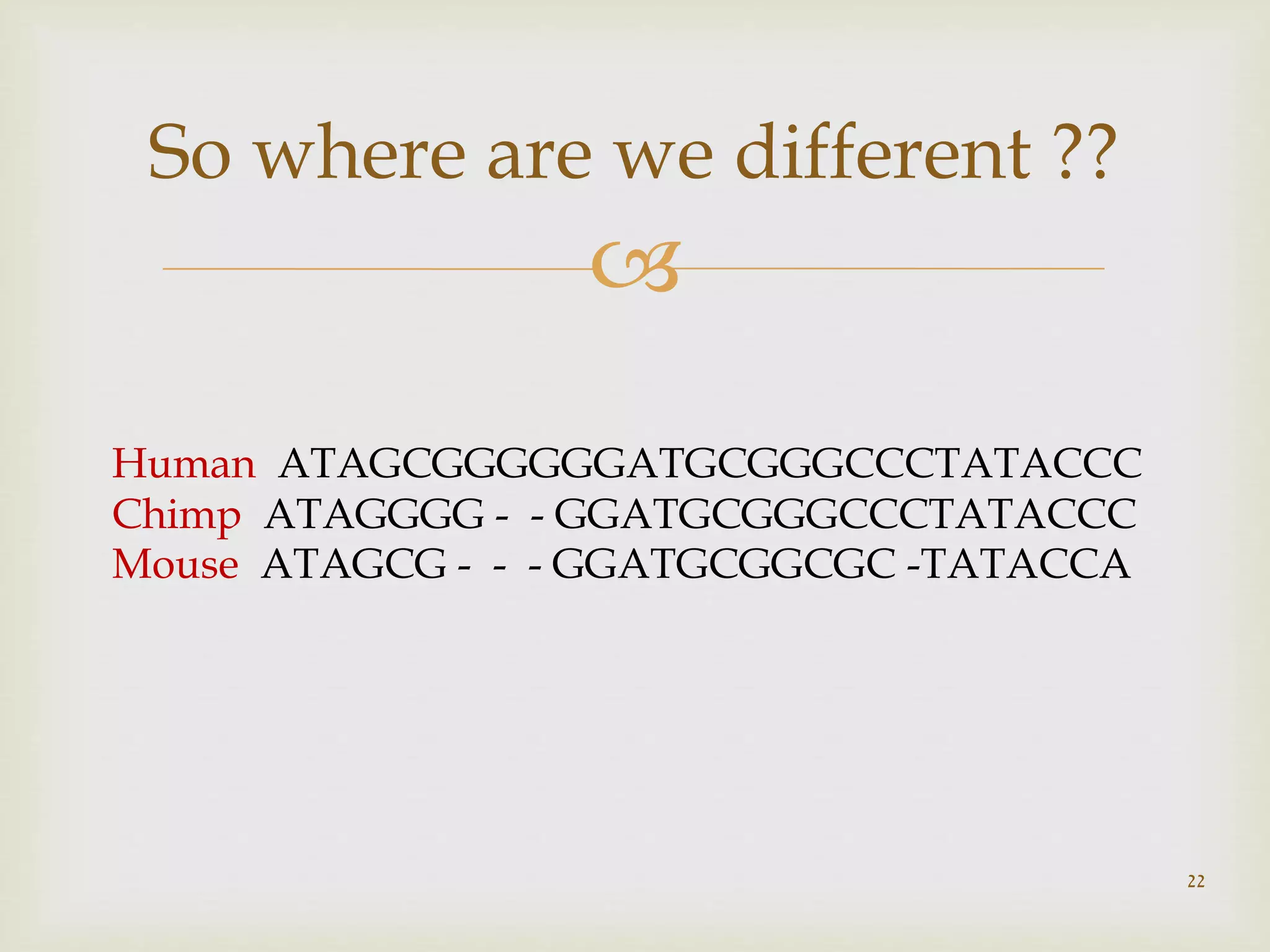 
So where are we different ??
22
Human ATAGCGGGGGGATGCGGGCCCTATACCC
Chimp ATAGGGG - - GGATGCGGGCCCTATACCC
Mouse ATAGCG - - - GGATGCGGCGC -TATACCA
 