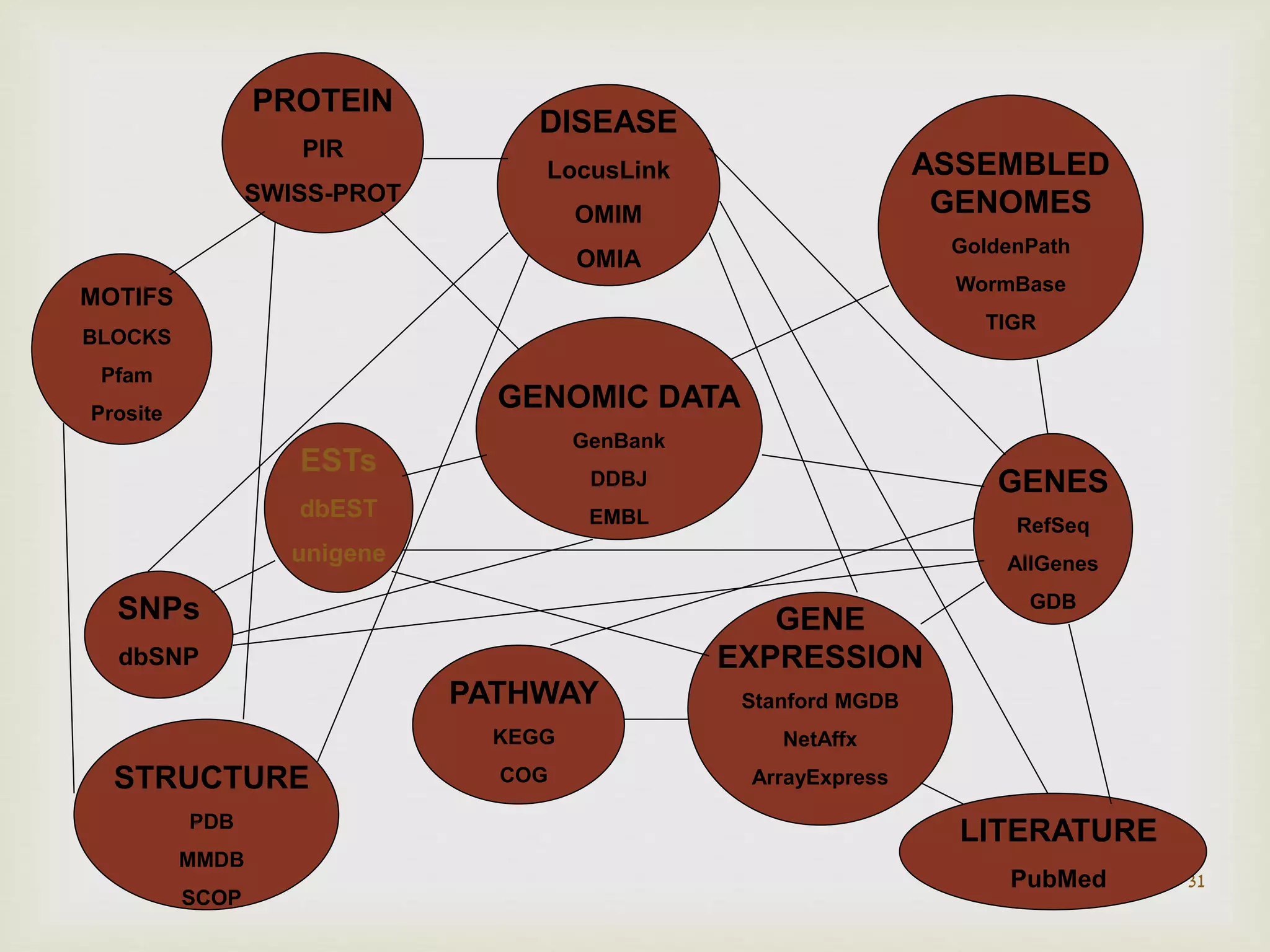 31
GENOMIC DATA
GenBank
DDBJ
EMBL
ASSEMBLED
GENOMES
GoldenPath
WormBase
TIGR
PROTEIN
PIR
SWISS-PROT
STRUCTURE
PDB
MMDB
SCOP
LITERATURE
PubMed
PATHWAY
KEGG
COG
DISEASE
LocusLink
OMIM
OMIA
GENES
RefSeq
AllGenes
GDBSNPs
dbSNP
ESTs
dbEST
unigene
MOTIFS
BLOCKS
Pfam
Prosite
GENE
EXPRESSION
Stanford MGDB
NetAffx
ArrayExpress
 