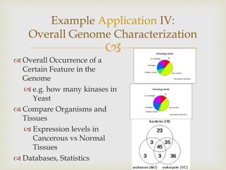 
 Overall Occurrence of a
Certain Feature in the
Genome
 e.g. how many kinases in
Yeast
 Compare Organisms and
Tissues
 Expression levels in
Cancerous vs Normal
Tissues
 Databases, Statistics
Example Application IV:
Overall Genome Characterization
 