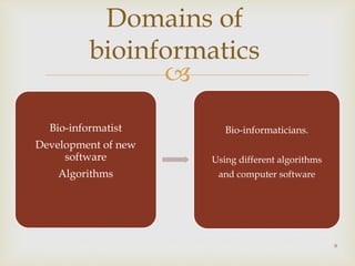 
9
Domains of
bioinformatics
Bio-informatist
Development of new
software
Algorithms
Bio-informaticians.
Using different algorithms
and computer software
 