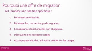 Pourquoi une offre de migration
     GFI propose une Solution spécifique :

             1.   Fortement automatisée.

             2.   Réduisant les couts et temps de migration.

             3.   Connaissances fonctionnelles non obligatoire.

             4.   Découverte des nouveaux usages.

             5.   Accompagnement des utilisateurs centrés sur les usages.

Entreprise
 