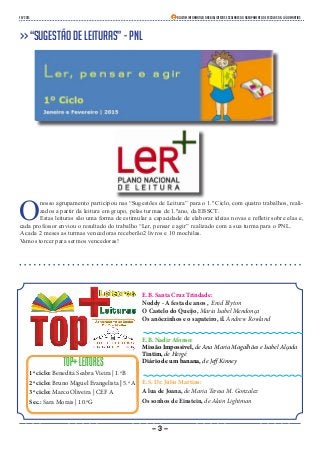 fev 2015 Boletim Informativo das Bibliotecas Escolares do Agrupamento de Escolas Dr. Júlio Martins
TOP+LEITORES
1º ciclo: Benedita Seabra Vieira | 1.ºB
2º ciclo: Bruno Miguel Evangelista | 5.º A
3º ciclo: Marco Oliveira | CEF A
Sec.: Sara Morais | 10.ºG
- 3 -
>> “Sugestão de Leituras” - PNL
O
nosso agrupamento participou nas “Sugestões de Leitura” para o 1.º Ciclo, com quatro trabalhos, reali-
zados a partir da leitura em grupo, pelas turmas de 1.ºano, da EBSCT.
Estas leituras são uma forma de estimular a capacidade de elaborar ideias novas e refletir sobre elas e,
cada professor enviou o resultado do trabalho “Ler, pensar e agir” realizado com a sua turma para o PNL.
A cada 2 meses as turmas vencedoras receberão2 livros e 10 mochilas.
Vamos torcer para sermos vencedoras!
E.B. Santa Cruz Trindade:
Noddy - A festa de anos , Enid Blyton
O Castelo do Queijo, Maria Isabel Mendonça
Os anõezinhos e o sapateiro, il. Andrew Rowland
E.B. Nadir Afonso:
Missão Impossivel, de Ana Maria Magalhães e Isabel Alçada
Tintim, de Hergé
Diário de um banana, de Jeff Kinney
E.S. Dr. Júlio Martins:
A lua de Joana, de Maria Teresa M. Gonzalez
Os sonhos de Einstein, de Alain Lightman
 