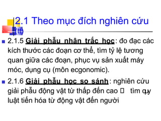 ■ 2.1.5 Giải phẫu nhân trắc học: đo đạc các
kích thước các đoạn cơ thể, tìm tỷ lệ tương
quan giữa các đoạn, phục vụ sản xuất máy
móc, dụng cụ (môn ecgonomic).
■ 2.1.6 Giải phẫu học so sánh: nghiên cứu
giải phẫu động vật từ thấp đến cao tìm quy
luật tiến hóa từ động vật đến người
2.1 Theo mục đích nghiên cứu
(tt)
 