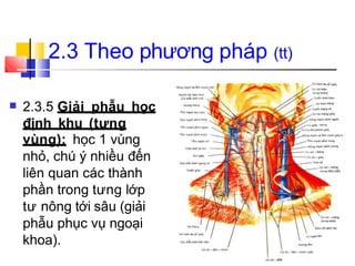 ■ 2.3.5 Giải phẫu học
định khu (tưng
vùng): học 1 vùng
nhỏ, chú ý nhiều đến
liên quan các thành
phần trong tưng lớp
tư nông tới sâu (giải
phẫu phục vụ ngoại
khoa).
2.3 Theo phương pháp (tt)
 