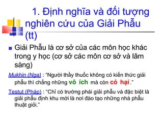 1. Định nghĩa và đối tượng
nghiên cứu của Giải Phẫu
(tt)
■ Giải Phẫu là cơ sở của các môn học khác
trong y học (cơ sở các môn cơ sở và lâm
sàng)
Mukhin (Nga) : “Người thầy thuốc không có kiến thức giải
phẫu thì chẳng những vô ích mà còn có hại.”
Testut (Pháp) : “Chỉ có trường phái giải phẫu và đặc biệt là
giải phẫu định khu mới là nơi đào tạo những nhà phẫu
thuật giỏi.”
 