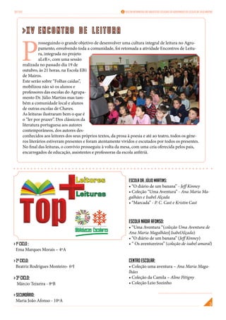 Out 2012                                                            Boletim Informativo das Bibliotecas Escolares do Agrupamento de Escolas Dr. Júlio Martins




           >XV Encontro de Leitura


       P
                     rosseguindo o grande objetivo de desenvolver uma cultura integral de leitura no Agru-
                     pamento, envolvendo toda a comunidade, foi retomada a atividade Encontros de Leitu-
                     ra, integrada no projeto
                     aLeR+, com uma sessão
           realizada no passado dia 19 de
           outubro, às 21 horas, na Escola EB1
           de Mairos.
           Este serão sobre “Folhas caídas”,
           mobilizou não só os alunos e
           professores das escolas do Agrupa-
           mento Dr. Júlio Martins mas tam-
           bém a comunidade local e alunos
           de outras escolas de Chaves.
           As leituras ilustraram bem o que é
           o “ler por prazer”. Dos clássicos da
           literatura portuguesa aos autores
           contemporâneos, dos autores des-
           conhecidos aos leitores dos seus próprios textos, da prosa à poesia e até ao teatro, todos os géne-
           ros literários estiveram presentes e foram atentamente vividos e escutados por todos os presentes.
           No final das leituras, o convívio prosseguiu à volta da mesa, com uma ceia oferecida pelos pais,
           encarregados de educação, assistentes e professoras da escola anfitriã.




                                                                       Escola Dr. Júlio Martins:
                                                                       • “O diário de um banana” - Jeff Kinney
                                                                       • Coleção “Uma Aventura” - Ana Maria Ma-
                                                                       galhães e Isabel Alçada
                                                                       • “Marcada” - P. C. Cast e Kristin Cast



                                                                       Escola Nadir Afonso:
                                                                       • “Uma Aventura “(coleção Uma Aventura de
                                                                       Ana Maria Magalhães| IsabelAlçada)
                                                                       • “O diário de um banana” (Jeff Kinney)
> 1º ciclo :                                                           • “ Os aventureiros” (coleção de isabel amaral)
 Ema Marques Morais – 4ºA

> 2º ciclo:                                                            Centro Escolar:
 Beatriz Rodrigues Monteiro- 6ºI                                       • Coleção uma aventura – Ana Maria Maga-
                                                                       lhães
> 3º ciclo:                                                            • Coleção da Camila – Aline Pétigny
  Márcio Teixeira - 8ºB                                                • Coleção Leio Sozinho

> Secundário:
 Maria João Afonso - 10ºA
 