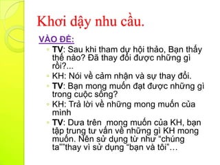 Khơi dậy nhu cầu.
VÀO ĐỀ:
 ◦ TV: Sau khi tham dự hội thảo, Bạn thấy
   thế nào? Đã thay đổi được những gì
   rồi?...
 ◦ KH: Nói về cảm nhận và sự thay đổi.
 ◦ TV: Bạn mong muốn đạt được những gì
   trong cuộc sống?
 ◦ KH: Trả lời về những mong muốn của
   mình
 ◦ TV: Dưa trên mong muốn của KH, bạn
   tập trung tư vấn về những gì KH mong
   muốn. Nên sử dụng từ như “chúng
   ta””thay vì sử dụng “bạn và tôi”…
 