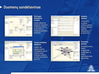 Duomenų sandėliavimas Vieningas dimensinis modelis Leidžia efektyviai integruoti duomenis iš skirtingų šaltinių, susitvarkyti su didelėmis duomenų apimtimis Rodiklių sistema Vieną kartą suvestus rodiklius galima lengvai naudoti įvairiose ataskaitose ir programose Verslo analitikos šablonas  Leidžia net nepatyrusiems vartotojams sukurti įvairius verslo analizės modelius įmonės duomenims apdoroti D uomenų gavyba Didelių duomenų kiekio apdorojimas sudėtingais, iš anksto sukonfigūruotais algoritmais.  