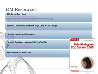 DM Resources Technical Communities, Webcasts, Blogs, Chats & User Groups http://www.microsoft.com/communities/default.mspx   Microsoft Developer Network (MSDN) & TechNet  http://microsoft.com/msdn   http://microsoft.com/technet   Trial Software and Virtual Labs http://www.microsoft.com/technet/downloads/trials/default.mspx   Microsoft Learning and Certification http://www.microsoft.com/learning/default.mspx   SQL Server Data Mining http://www.sqlserverdatamining.com http://www.microsoft.com/bi/bicapabilities/data-mining.aspx 