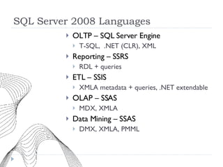 SQL Server 2008 Languages OLTP – SQL Server Engine T-SQL,  .NET (CLR), XML Reporting – SSRS RDL + queries ETL – SSIS XMLA metadata + queries, .NET extendable OLAP – SSAS MDX, XMLA  Data Mining – SSAS DMX, XMLA, PMML 