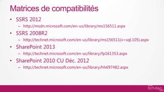 Matrices de compatibilités
• SSRS 2012
   – http://msdn.microsoft.com/en-us/library/ms156511.aspx
• SSRS 2008R2
   – http://technet.microsoft.com/en-us/library/ms156511(v=sql.105).aspx
• SharePoint 2013
   – http://technet.microsoft.com/en-us/library/fp161353.aspx
• SharePoint 2010 CU Déc. 2012
   – http://technet.microsoft.com/en-us/library/hh697482.aspx
 