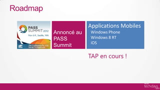 Roadmap

                       Applications Mobiles
          Annoncé au   Windows Phone
          PASS         Windows 8 RT
                       iOS
          Summit

                       TAP en cours !
 