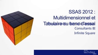 SSAS 2012 :
      Multidimensionnel et
Tabulaire au Romuald Coutaud
  François Jehl – banc d’essai
                 Consultants BI
                 Infinite Square
 