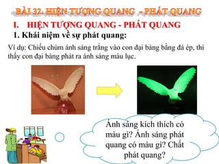 I. HIỆN TƯỢNG QUANG - PHÁT QUANG
1. Khái niệm về sự phát quang:
Ví dụ: Chiếu chùm ánh sáng trắng vào con đại bàng bằng đá ép, thì
thấy con đại bàng phát ra ánh sáng màu lục.

Ánh sáng kích thích có
màu gì? Ánh sáng phát
quang có màu gì? Chất
phát quang?

 