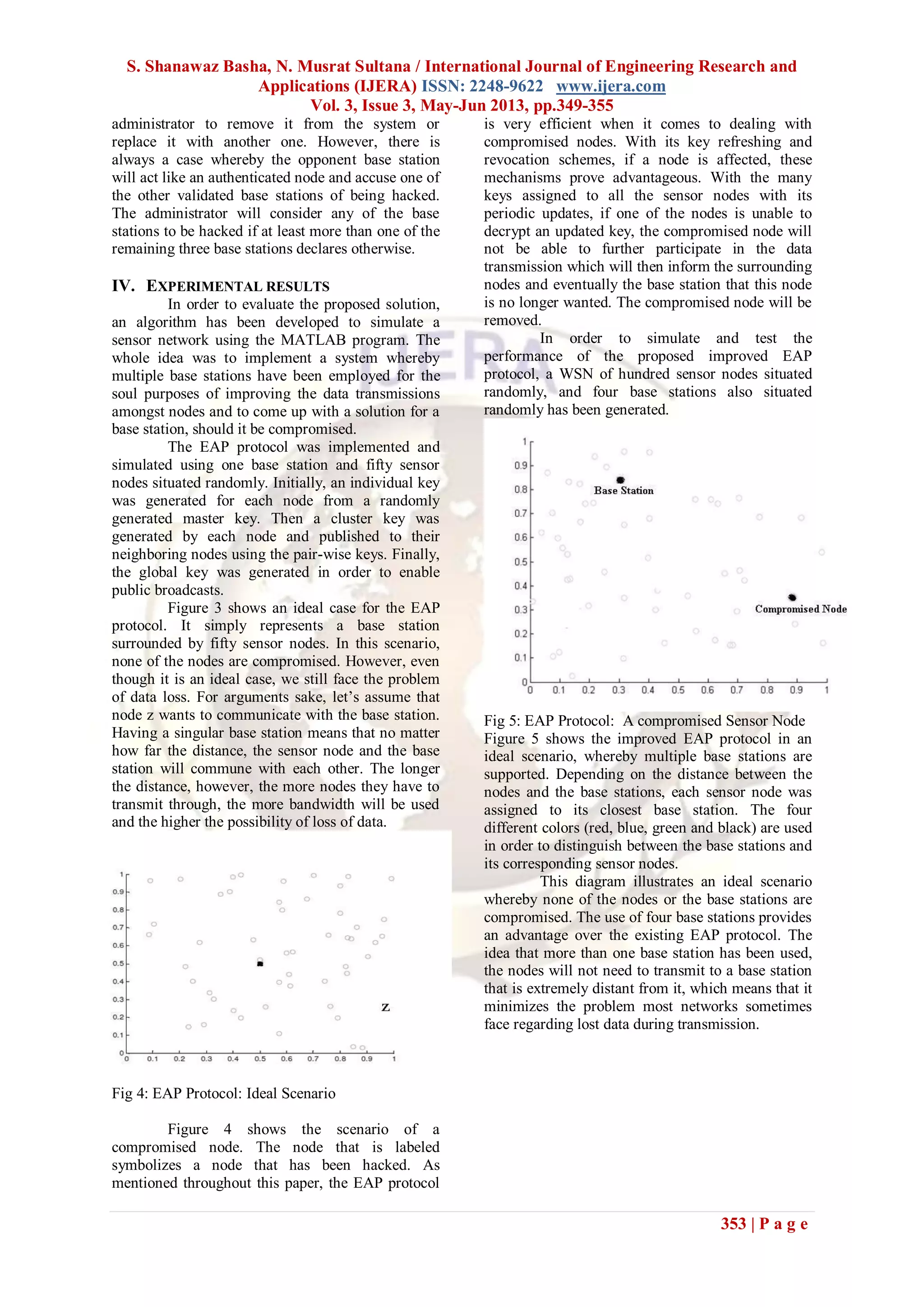 S. Shanawaz Basha, N. Musrat Sultana / International Journal of Engineering Research and
Applications (IJERA) ISSN: 2248-9622 www.ijera.com
Vol. 3, Issue 3, May-Jun 2013, pp.349-355
353 | P a g e
administrator to remove it from the system or
replace it with another one. However, there is
always a case whereby the opponent base station
will act like an authenticated node and accuse one of
the other validated base stations of being hacked.
The administrator will consider any of the base
stations to be hacked if at least more than one of the
remaining three base stations declares otherwise.
IV. EXPERIMENTAL RESULTS
In order to evaluate the proposed solution,
an algorithm has been developed to simulate a
sensor network using the MATLAB program. The
whole idea was to implement a system whereby
multiple base stations have been employed for the
soul purposes of improving the data transmissions
amongst nodes and to come up with a solution for a
base station, should it be compromised.
The EAP protocol was implemented and
simulated using one base station and fifty sensor
nodes situated randomly. Initially, an individual key
was generated for each node from a randomly
generated master key. Then a cluster key was
generated by each node and published to their
neighboring nodes using the pair-wise keys. Finally,
the global key was generated in order to enable
public broadcasts.
Figure 3 shows an ideal case for the EAP
protocol. It simply represents a base station
surrounded by fifty sensor nodes. In this scenario,
none of the nodes are compromised. However, even
though it is an ideal case, we still face the problem
of data loss. For arguments sake, let’s assume that
node z wants to communicate with the base station.
Having a singular base station means that no matter
how far the distance, the sensor node and the base
station will commune with each other. The longer
the distance, however, the more nodes they have to
transmit through, the more bandwidth will be used
and the higher the possibility of loss of data.
Fig 4: EAP Protocol: Ideal Scenario
Figure 4 shows the scenario of a
compromised node. The node that is labeled
symbolizes a node that has been hacked. As
mentioned throughout this paper, the EAP protocol
is very efficient when it comes to dealing with
compromised nodes. With its key refreshing and
revocation schemes, if a node is affected, these
mechanisms prove advantageous. With the many
keys assigned to all the sensor nodes with its
periodic updates, if one of the nodes is unable to
decrypt an updated key, the compromised node will
not be able to further participate in the data
transmission which will then inform the surrounding
nodes and eventually the base station that this node
is no longer wanted. The compromised node will be
removed.
In order to simulate and test the
performance of the proposed improved EAP
protocol, a WSN of hundred sensor nodes situated
randomly, and four base stations also situated
randomly has been generated.
Fig 5: EAP Protocol: A compromised Sensor Node
Figure 5 shows the improved EAP protocol in an
ideal scenario, whereby multiple base stations are
supported. Depending on the distance between the
nodes and the base stations, each sensor node was
assigned to its closest base station. The four
different colors (red, blue, green and black) are used
in order to distinguish between the base stations and
its corresponding sensor nodes.
This diagram illustrates an ideal scenario
whereby none of the nodes or the base stations are
compromised. The use of four base stations provides
an advantage over the existing EAP protocol. The
idea that more than one base station has been used,
the nodes will not need to transmit to a base station
that is extremely distant from it, which means that it
minimizes the problem most networks sometimes
face regarding lost data during transmission.
 