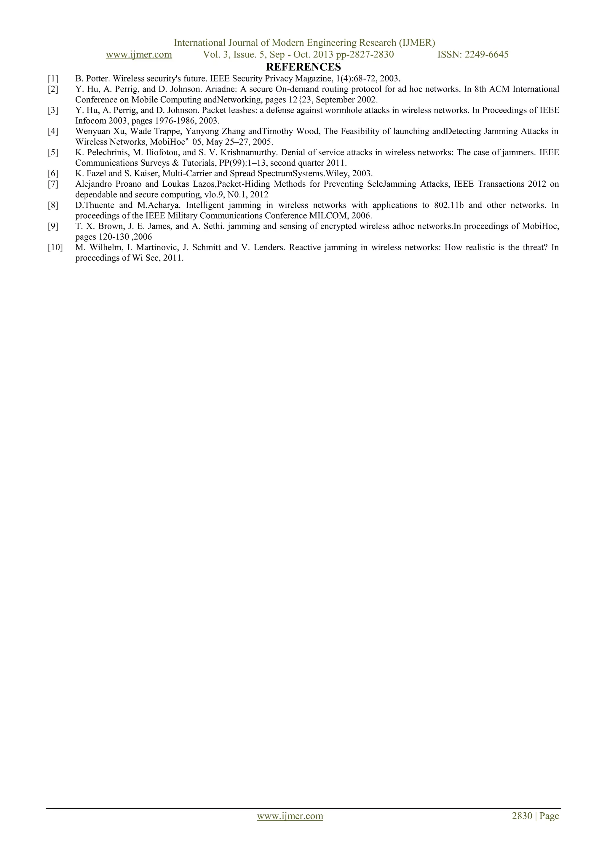 www.ijmer.com

International Journal of Modern Engineering Research (IJMER)
Vol. 3, Issue. 5, Sep - Oct. 2013 pp-2827-2830
ISSN: 2249-6645

REFERENCES
[1]
[2]
[3]
[4]
[5]
[6]
[7]
[8]
[9]
[10]

B. Potter. Wireless security's future. IEEE Security Privacy Magazine, 1(4):68-72, 2003.
Y. Hu, A. Perrig, and D. Johnson. Ariadne: A secure On-demand routing protocol for ad hoc networks. In 8th ACM International
Conference on Mobile Computing andNetworking, pages 12{23, September 2002.
Y. Hu, A. Perrig, and D. Johnson. Packet leashes: a defense against wormhole attacks in wireless networks. In Proceedings of IEEE
Infocom 2003, pages 1976-1986, 2003.
Wenyuan Xu, Wade Trappe, Yanyong Zhang andTimothy Wood, The Feasibility of launching andDetecting Jamming Attacks in
Wireless Networks, MobiHoc‟ 05, May 25–27, 2005.
K. Pelechrinis, M. Iliofotou, and S. V. Krishnamurthy. Denial of service attacks in wireless networks: The case of jammers. IEEE
Communications Surveys & Tutorials, PP(99):1–13, second quarter 2011.
K. Fazel and S. Kaiser, Multi-Carrier and Spread SpectrumSystems.Wiley, 2003.
Alejandro Proano and Loukas Lazos,Packet-Hiding Methods for Preventing SeleJamming Attacks, IEEE Transactions 2012 on
dependable and secure computing, vlo.9, N0.1, 2012
D.Thuente and M.Acharya. Intelligent jamming in wireless networks with applications to 802.11b and other networks. In
proceedings of the IEEE Military Communications Conference MILCOM, 2006.
T. X. Brown, J. E. James, and A. Sethi. jamming and sensing of encrypted wireless adhoc networks.In proceedings of MobiHoc,
pages 120-130 ,2006
M. Wilhelm, I. Martinovic, J. Schmitt and V. Lenders. Reactive jamming in wireless networks: How realistic is the threat? In
proceedings of Wi Sec, 2011.

www.ijmer.com

2830 | Page

 