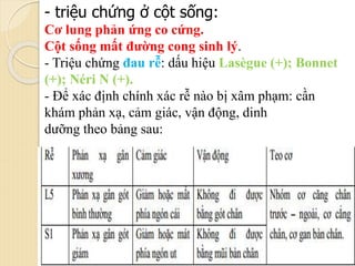 - triệu chứng ở cột sống:
Cơ lung phản ứng co cứng.
Cột sống mất đường cong sinh lý.
- Triệu chứng đau rễ: dấu hiệu Lasègue (+); Bonnet
(+); Néri N (+).
- Để xác định chính xác rễ nào bị xâm phạm: cần
khám phản xạ, cảm giác, vận động, dinh
dưỡng theo bảng sau:
 