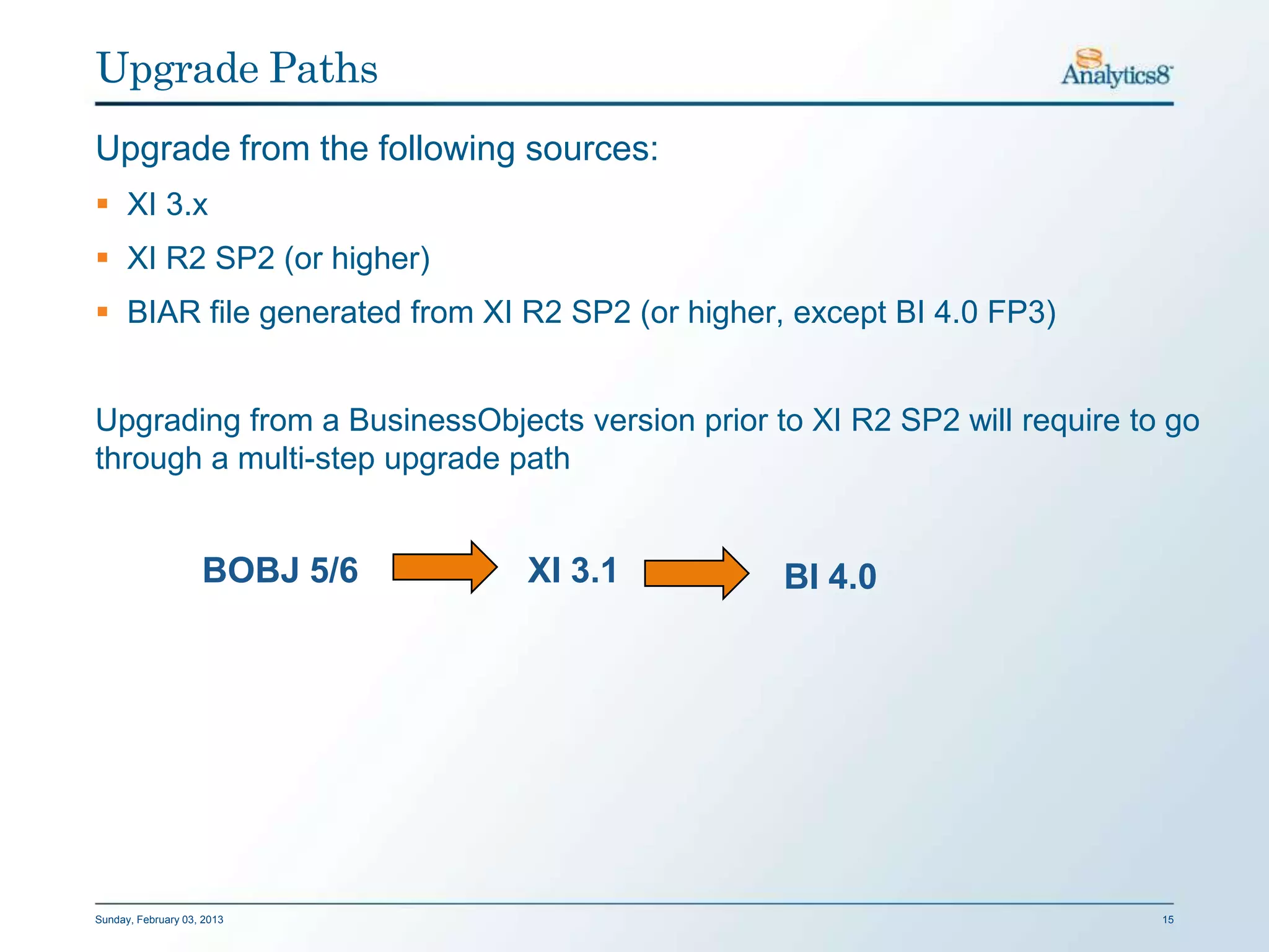 Upgrade Paths
Upgrade from the following sources:
 XI 3.x
 XI R2 SP2 (or higher)
 BIAR file generated from XI R2 SP2 (or higher, except BI 4.0 FP3)


Upgrading from a BusinessObjects version prior to XI R2 SP2 will require to go
through a multi-step upgrade path


                    BOBJ 5/6   XI 3.1           BI 4.0




Sunday, February 03, 2013                                                  15
 