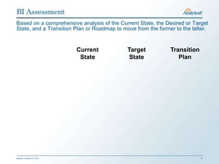BI Assessment
Based on a comprehensive analysis of the Current State, the Desired or Target
State, and a Transition Plan or Roadmap to move from the former to the latter.


                            Current          Target           Transition
                             State           State               Plan




Sunday, February 03, 2013                                                  10
 