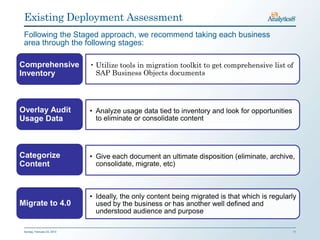 Existing Deployment Assessment
 Following the Staged approach, we recommend taking each business
 area through the following stages:

Comprehensive                • Utilize tools in migration toolkit to get comprehensive list of
Inventory                      SAP Business Objects documents




Overlay Audit                • Analyze usage data tied to inventory and look for opportunities
Usage Data                     to eliminate or consolidate content




Categorize                   • Give each document an ultimate disposition (eliminate, archive,
Content                        consolidate, migrate, etc)



                             • Ideally, the only content being migrated is that which is regularly
Migrate to 4.0                 used by the business or has another well defined and
                               understood audience and purpose

 Sunday, February 03, 2013                                                                       11
 