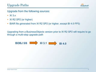 Upgrade Paths
Upgrade from the following sources:
 XI 3.x
 XI R2 SP2 (or higher)
 BIAR file generated from XI R2 SP2 (or higher, except BI 4.0 FP3)


Upgrading from a BusinessObjects version prior to XI R2 SP2 will require to go
through a multi-step upgrade path


                    BOBJ 5/6   XI 3.1           BI 4.0




Sunday, February 03, 2013                                                  15
 