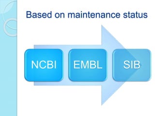 Based on maintenance status
NCBI EMBL SIB
 
