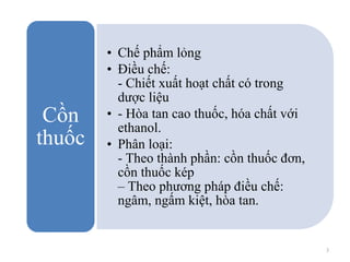 3
• Chế phẩm lỏng
• Điều chế:
- Chiết xuất hoạt chất có trong
dược liệu
• - Hòa tan cao thuốc, hóa chất với
ethanol.
• Phân loại:
- Theo thành phần: cồn thuốc đơn,
cồn thuốc kép
– Theo phương pháp điều chế:
ngâm, ngấm kiệt, hòa tan.
Cồn
thuốc
 