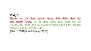 Ví dụ 2:
Người nào xúc phạm nghiêm trọng nhân phẩm, danh dự
của người khác, thì bị phạt cảnh cáo, phạt tiền từ
10.000.000 đồng đến 30.000.000 đồng hoặc phạt cải tạo
không giam giữ đến 03 năm.
(Điều 155 Bộ luật Hình sự 2015).
 