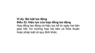 Ví dụ: Bộ luật lao động
Điều 23. Hiệu lực của hợp đồng lao động
Hợp đồng lao động có hiệu lực kể từ ngày hai bên
giao kết, trừ trường hợp hai bên có thỏa thuận
hoặc pháp luật có quy định khác.
 