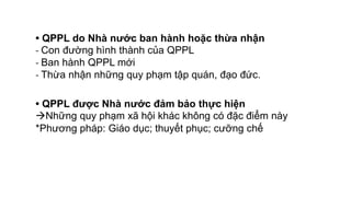 • QPPL do Nhà nước ban hành hoặc thừa nhận
- Con đường hình thành của QPPL
- Ban hành QPPL mới
- Thừa nhận những quy phạm tập quán, đạo đức.
• QPPL được Nhà nước đảm bảo thực hiện
Những quy phạm xã hội khác không có đặc điểm này
*Phương pháp: Giáo dục; thuyết phục; cưỡng chế
 