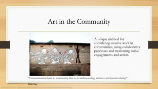 Art in the Community
“Communication leads to community, that is, to understanding, intimacy and mutual valuing.”
Rollo May
A unique method for
stimulating creative work in
communities, using collaborative
processes and motivating social
engagements and action.
© All rights reserved to Adi Yekutieli and The Association of Art in the Community and Cross Cultural Dialogue
 