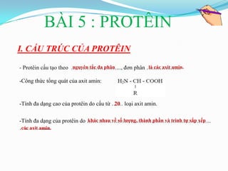 BÀI 5 : PROTÊIN
I. CẤU TRÚC CỦA PROTÊIN
                       nguyên tắc đa phân
- Protêin cấu tạo theo ……………………..., đơn phân ………….…...
                                             là các axit amin.

-Công thức tổng quát của axit amin:



-Tính đa dạng cao của protêin do cấu từ …… loại axit amin.
                                        20

                             khác nhau về số lượng, thành phần và trình tự sắp xếp
-Tính đa dạng của protêin do …………………………………………….…………..
………..........
 các axit amin.
 