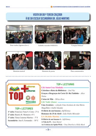 maio 2013 Boletim Informativo das Bibliotecas Escolares do Agrupamento de Escolas Dr. Júlio Martins
- 3 -
TOP+ LEITORES
1º ciclo: Francisco Tuna S. Costa - 2º A
2º ciclo: Beatriz R. Monteiro- 6º I
3º ciclo: Tânia Catarina Martins – 7º F
Secundário: Ana S. Fernandes – 10º C
TOP+ LEITURAS
E.B. Santa Cruz Trindade:
Celestino o Rato da Biblioteca – José Vaz
Graças e Desgraças da Corte El- Rei Tadinho – Alice
Vieira
Coisas de Mãe – Sílvia Alves
E.B. Nadir Afonso:
Uma Aventura - coleção Uma Aventura de Ana Maria
Magalhães | Isabel Alçada)
O diário de um banana -Jeff Kinney
Romance do 25 de Abril - João Pedro Mésseder
E.S. Dr.Júlio Martins:
O Diário de um banana 4 – Jeff Kinney
A Vida de Pi – Yann Martel
As Crónicas de SpiderWick - Tony Diterlizzi e Holly Black
Visita da Dr.ª Teresa Calçada
à BE da Escola Secundária Dr. Júlio Martins
Boas-vindas (Agentes aLer+)
Momento musical
Trabalho vencedor PORDATA “Criações Poéticas”
Momento de poesia Placa comemorativa
 
