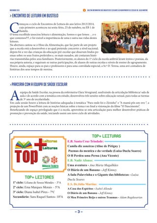 novembro 2013

Boletim Informativo das Bibliotecas Escolares do Agrupamento de Escolas Dr. Júlio Martins

> Encontro de Leitura em Bustelo

C

omeçou o ciclo de Encontros de Leitura do ano letivo 2013/2014,

cujo primeiro aconteceu na sexta-feira, 25 de outubro, na EB 1 de
Bustelo.
O tema escolhido associou leitura e alimentação, Somos o que lemos …e o
que comemos?!?, e foi visível a importância de uma e outra nas vidas destes
leitores.
Na abertura cantou-se o Hino da Alimentação, que faz parte de um projeto
que a escola está a desenvolver e ao qual pretende concorrer a nível nacional,
depois foi a vez das crianças da educação pré-escolar que disseram lindos poemas sobre os seus frutos preferidos e, os mais ousados, até contaram histórias transmitidas pelos seus familiares. Posteriormente, os alunos do 1º ciclo da escola anfitriã leram textos e poesias, da
sua própria autoria, e seguiram-se outras participações, de alunos de outras escolas e níveis de ensino do agrupamento.
Houve, ainda, espaço para os pais e professores e para uma convidada especial, a Sr.ª D. Teresa, uma avó contadora de
histórias dos seus tempos de menina.

> Parceria com a Equipa de Saúde Escolar

A

equipa da Saúde Escolar, na pessoa da enfermeira Clara Sèvegrand, usufruindo da articulação biblioteca/ sala de
aula e de acordo com a temática em estudo, desenvolveu três sessões sobre educação sexual, para todas as turmas
de 3º ano de escolaridade.
Em cada sessão houve a leitura de histórias adequadas à temática “Para onde foi o Zézinho” e “A mamã pôs um ovo “, a
projeção de um PowerPoint com as noções básicas sobre o tema e no final a visionação do filme “O Nascimento”.
Beneficiando do espaço privilegiado que é a escola, aproveitou-se esta articulação para melhor desenvolver práticas de
promoção e prevenção da saúde, iniciando assim um novo ciclo de atividades.

TOP+ LEITURAS

TOP+ LEITORES
1º ciclo: Liliana de Sousa Mendes – 3ºA
2º ciclo: Ema Marques Morais – 5ºA
3º ciclo: Diana Isabel Pires - 7ºC
Secundário: Sara Raquel Santos- 10ºA

E.B. Santa Cruz Trindade:
Camila diz asneiras (Aline de Pétigny )
Poemas da mentira e da verdade (Luísa Ducla Soares)
O H Perdeu uma Perna (Ana Vicente)
E.B. Nadir Afonso:
Uma aventura - Ana Maria Magalhães
O Diário de um Banana - Jeff Kinney
A fada Palavrinha e o Gigante das bibliotecas - Luísa
Ducla Soares
E.S. Dr.Júlio Martins:
A Casa dos Espíritos - Isabel Allende
O Diário de um Banana - Jeff Kinney
O Meu Primeiro Beijo e outros Traumas - Adam Bagdasarian

-3-

 