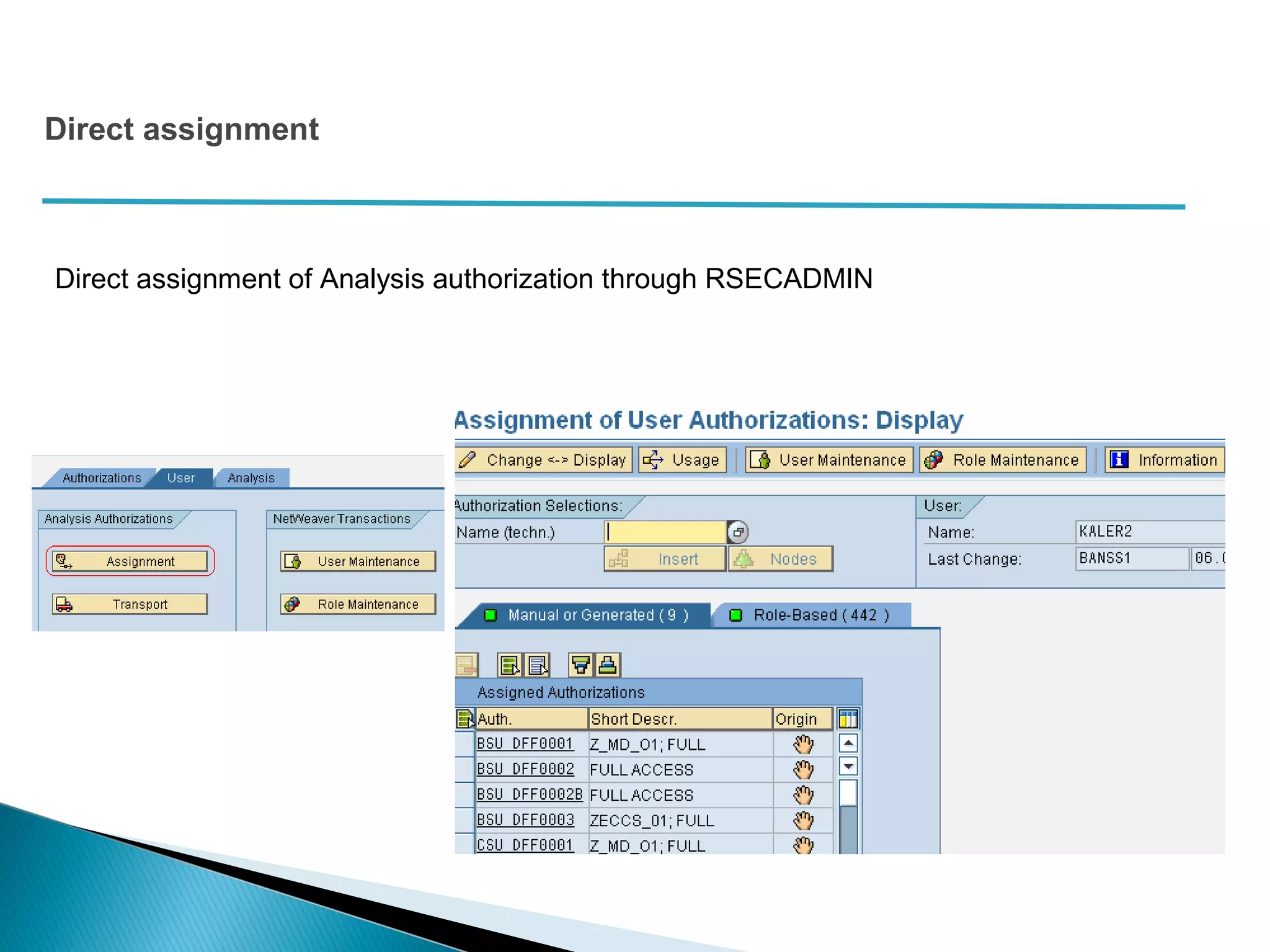 Direct assignment
Direct assignment of Analysis authorization through RSECADMIN
 
