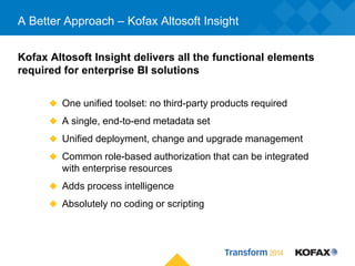 A Better Approach – Kofax Altosoft Insight
Kofax Altosoft Insight delivers all the functional elements
required for enterprise BI solutions
 One unified toolset: no third-party products required
 A single, end-to-end metadata set
 Unified deployment, change and upgrade management
 Common role-based authorization that can be integrated
with enterprise resources
 Adds process intelligence
 Absolutely no coding or scripting
 