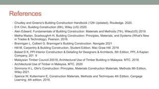 References
• Chudley and Greeno's Building Construction Handbook (12th Updated), Routledge. 2020.
• D K Chin, Building Construction (6th), Wiley (US) 2020.
• Alen Edward, Fundamentals of Building Construction: Materials and Methods (7th), Wiley(US) 2019.
• Metha Madan, Scarboughrh H. Building Construction: Principles, Materials, and Systems (What's New
in Trades & Technology). Pearson, 2016.
• Brannigan L, Colbert G. Brannigan's Building Construction. Navigate 2021
• Hill M, Carpentry & Building Construction, Student Edition, Mac Graw Hill. 2016
• Balast D K, PPI Interior Construction & Detailing for Designers & Architects, 6th Edition, PPI, A Kaplan
Company, 201 9
• Malaysian Timber Council 20018; Architectural Use of Timber Building in Malaysia. MTC. 2018.
• Architectural Use of Timber in Malaysia, MTC. 2020
• Simmons H L, Olin's Construction: Principles, Materials Construction Materials, Methods 9th Edition,
Wiley 2021.
• Spence W, Kultermann E, Construction Materials, Methods and Techniques 4th Edition. Cengage
Learning; 4th edition, 2016.
 