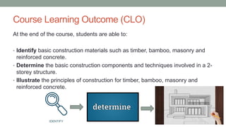 Course Learning Outcome (CLO)
At the end of the course, students are able to:
• Identify basic construction materials such as timber, bamboo, masonry and
reinforced concrete.
• Determine the basic construction components and techniques involved in a 2-
storey structure.
• Illustrate the principles of construction for timber, bamboo, masonry and
reinforced concrete.
 