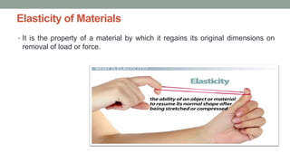 Elasticity of Materials
• It is the property of a material by which it regains its original dimensions on
removal of load or force.
 